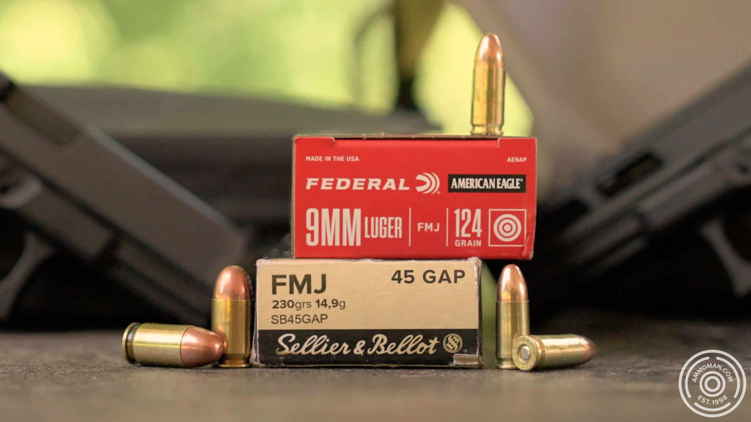 9mm ammo and 45 GAP ammunition at the shooting range