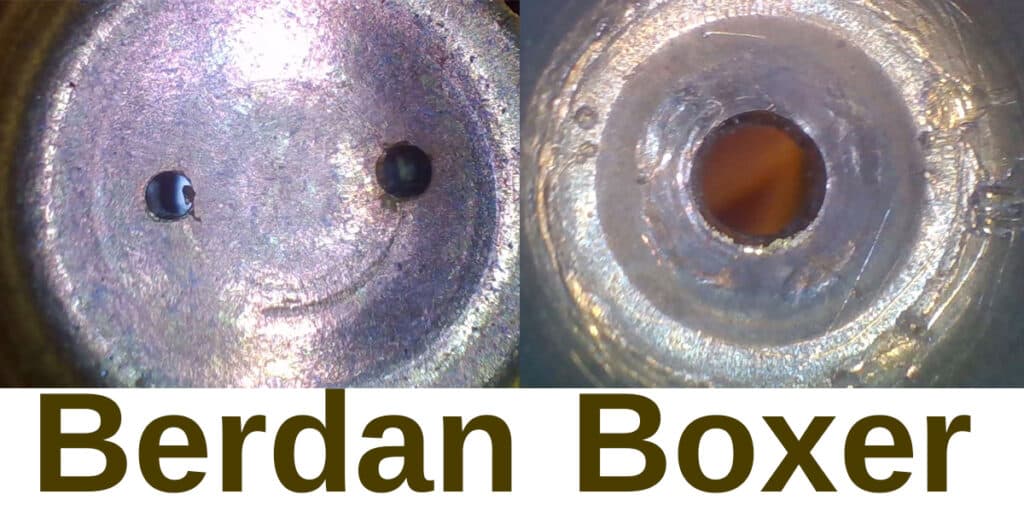 berdan vs boxer flash hole difference Close up view of berdan vs boxer flash hole difference