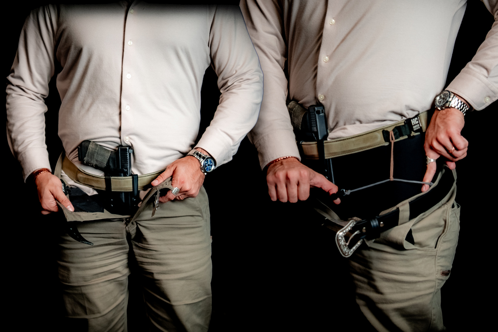 Showing holster setup for concealing with a tucked shirt. Carrying a Glock 17 with a Hunter Constantine Carry belt with custom leg leash and an LAS Concealment Kaizen holster.