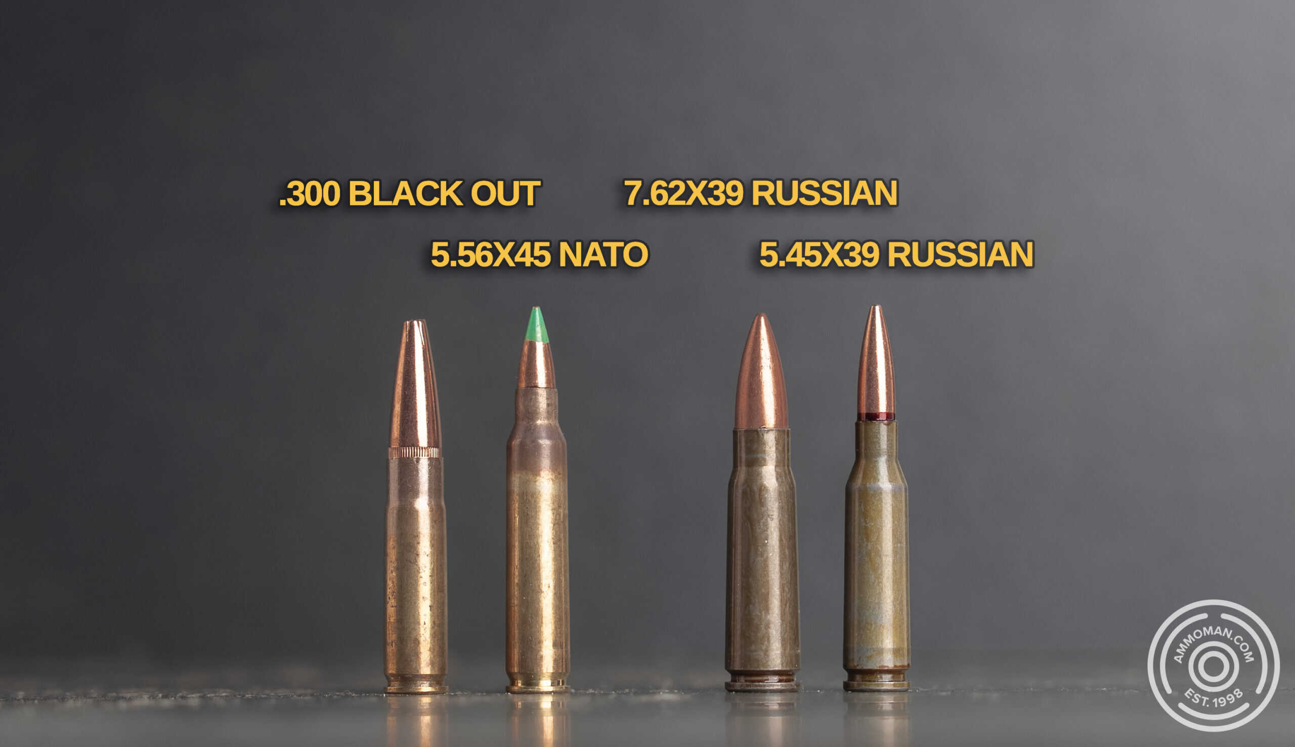 .300 BLK, 5.56x45, 7.62x39 and 5.45x39 ammo.