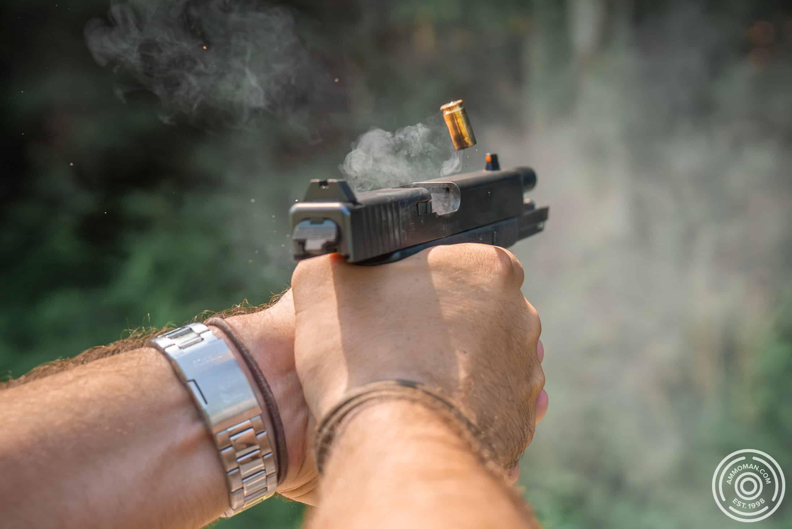 9mm casing ejecting from pistol