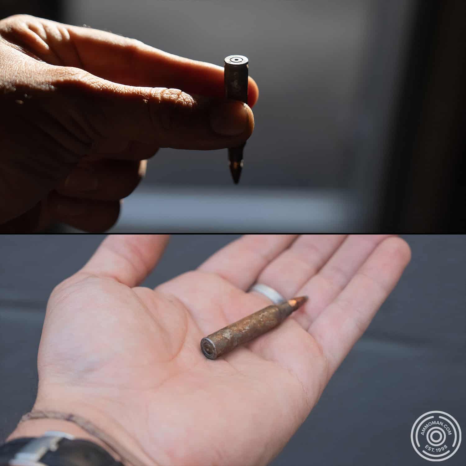 Dented primer from misfired rusted 5.56x45 cartridge.