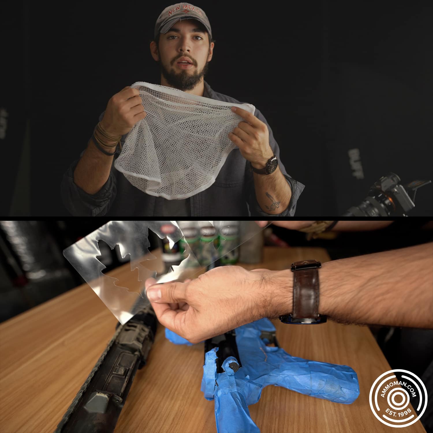 a top photo of man holding a white laundry bag and a bottom photo of hands holding a leaf stencil over a table