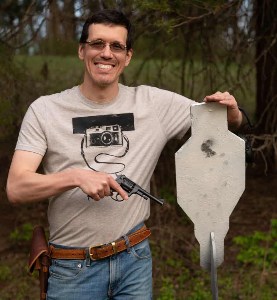 the author with a revolver and steel target at the range